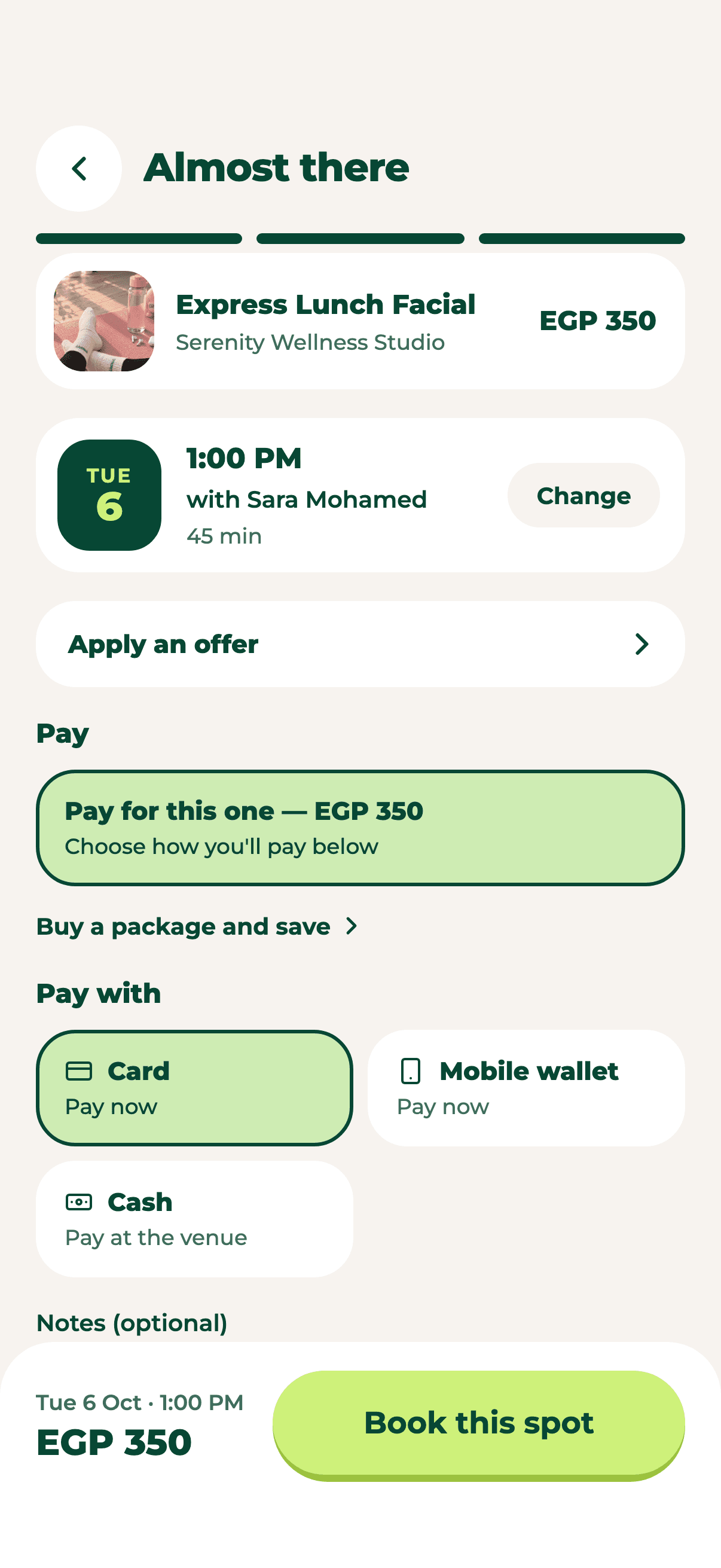 Choosing how to pay for a facial in the Wellnuts app